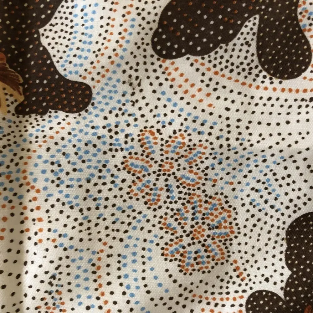 Vintage Brown & Blue Floral Polyester Scarf Flowers Polka Dots Square 21.5in